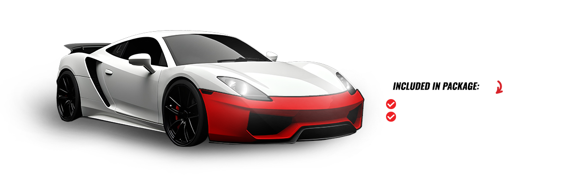 A white sports car with a red front. Text reads