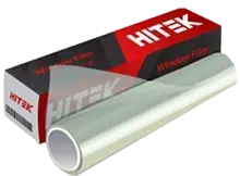 Roll of window film and packaging from HITEK, white box with red and black accents.