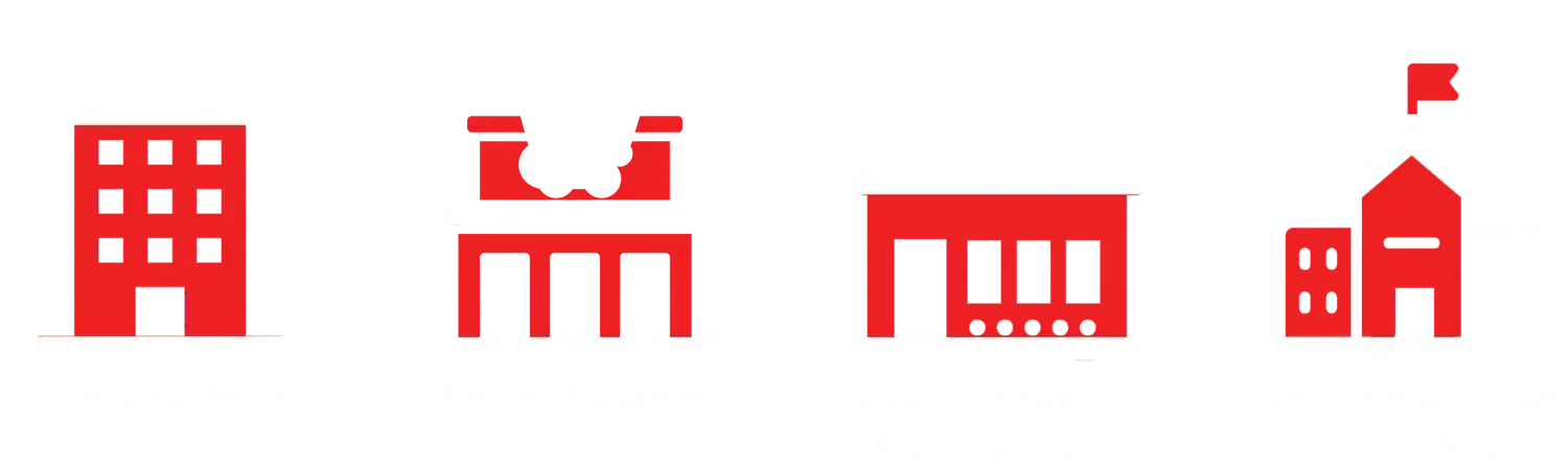 Red icons of a building, a structure with arches, a building with columns, and a school with a flag.