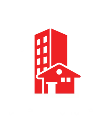 Red illustration of a tall building and a small house, likely for real estate or property.