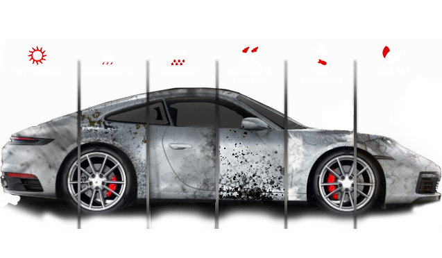 Silver sports car, half clean, half dirty, showing before and after detailing.