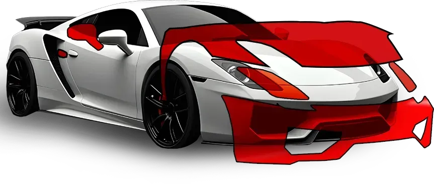 White sports car with red overlay showing paint protection film.