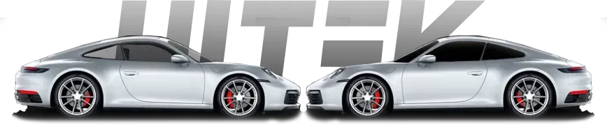 Two silver Porsche cars with red brake calipers. The cars are set against a gray background.