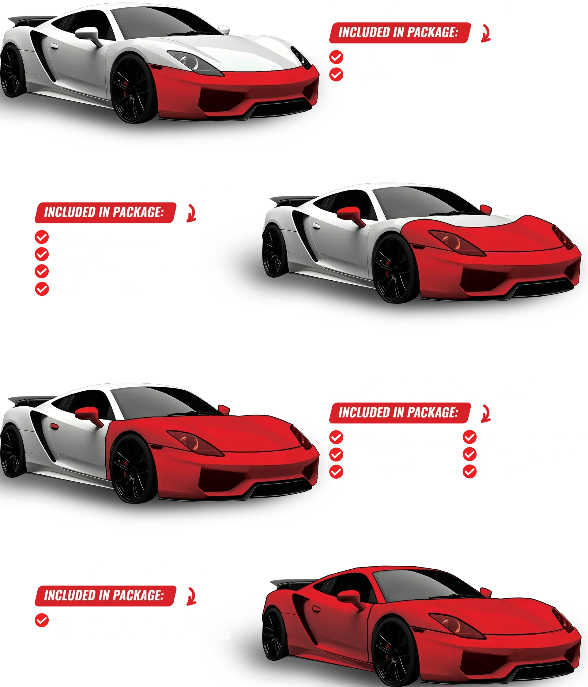 Four sports cars showing different red and white paint schemes.