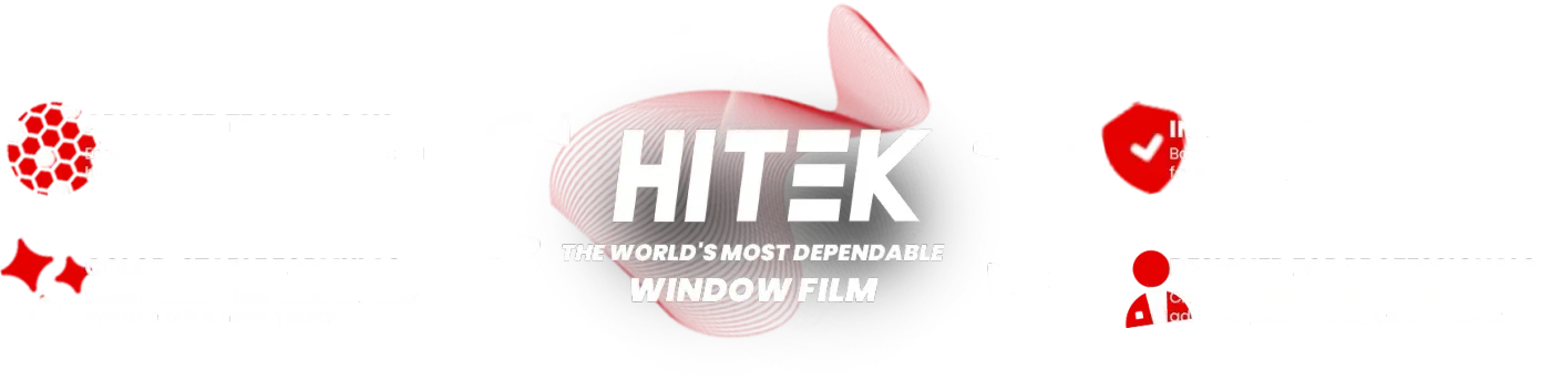 Logo for Hitek window film. Contains the word Hitek in white. Additional icons in red.