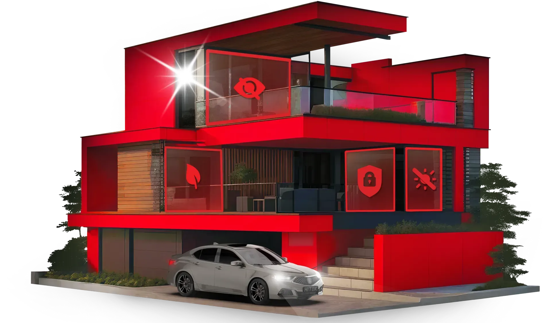 Modern red house with security icons. Car parked in front.