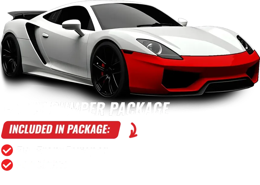 White sports car with red front bumper. "Included in package" text with checkmarks.
