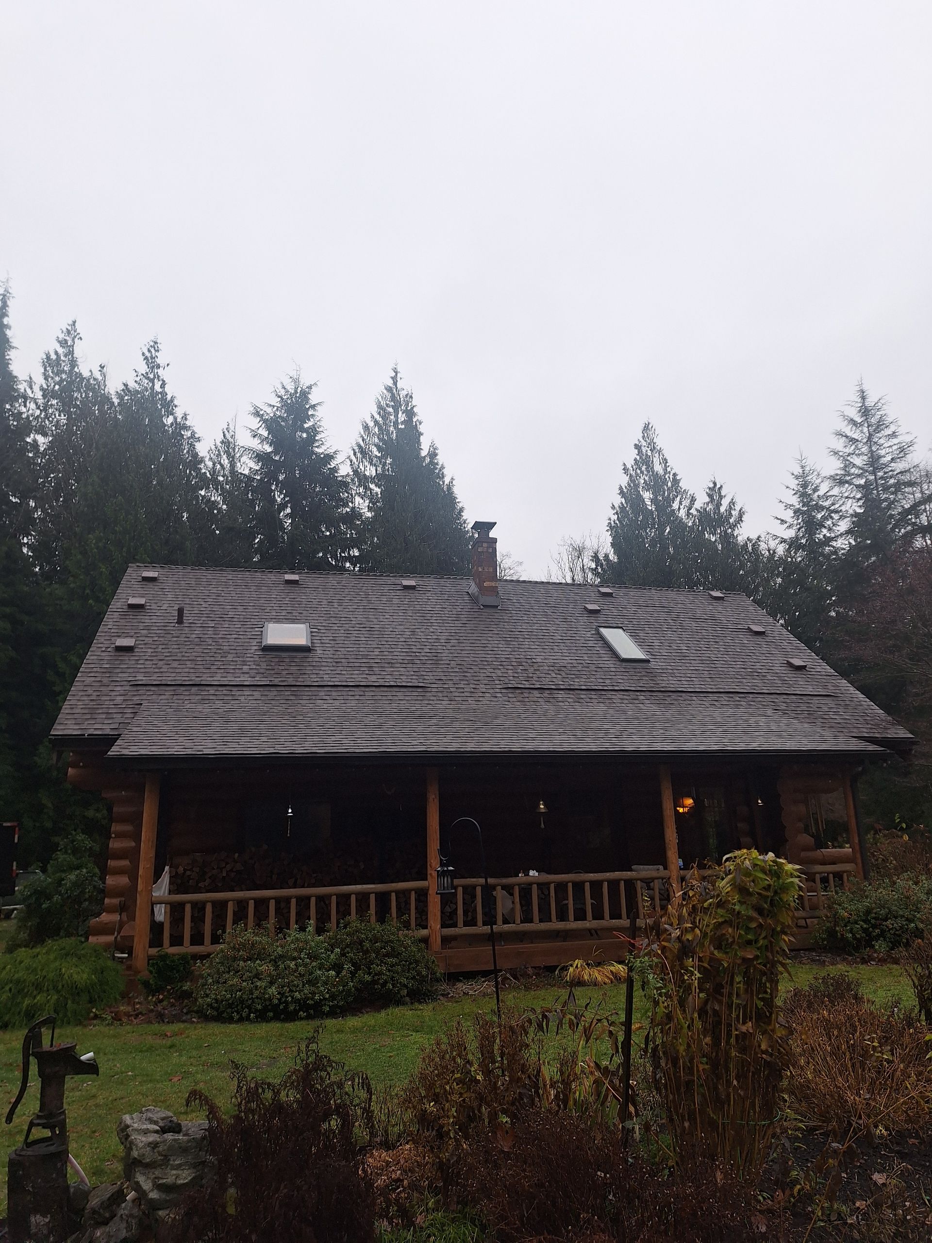 Rustic cabin with a wooden porch in a misty forest clearing under an overcast sky