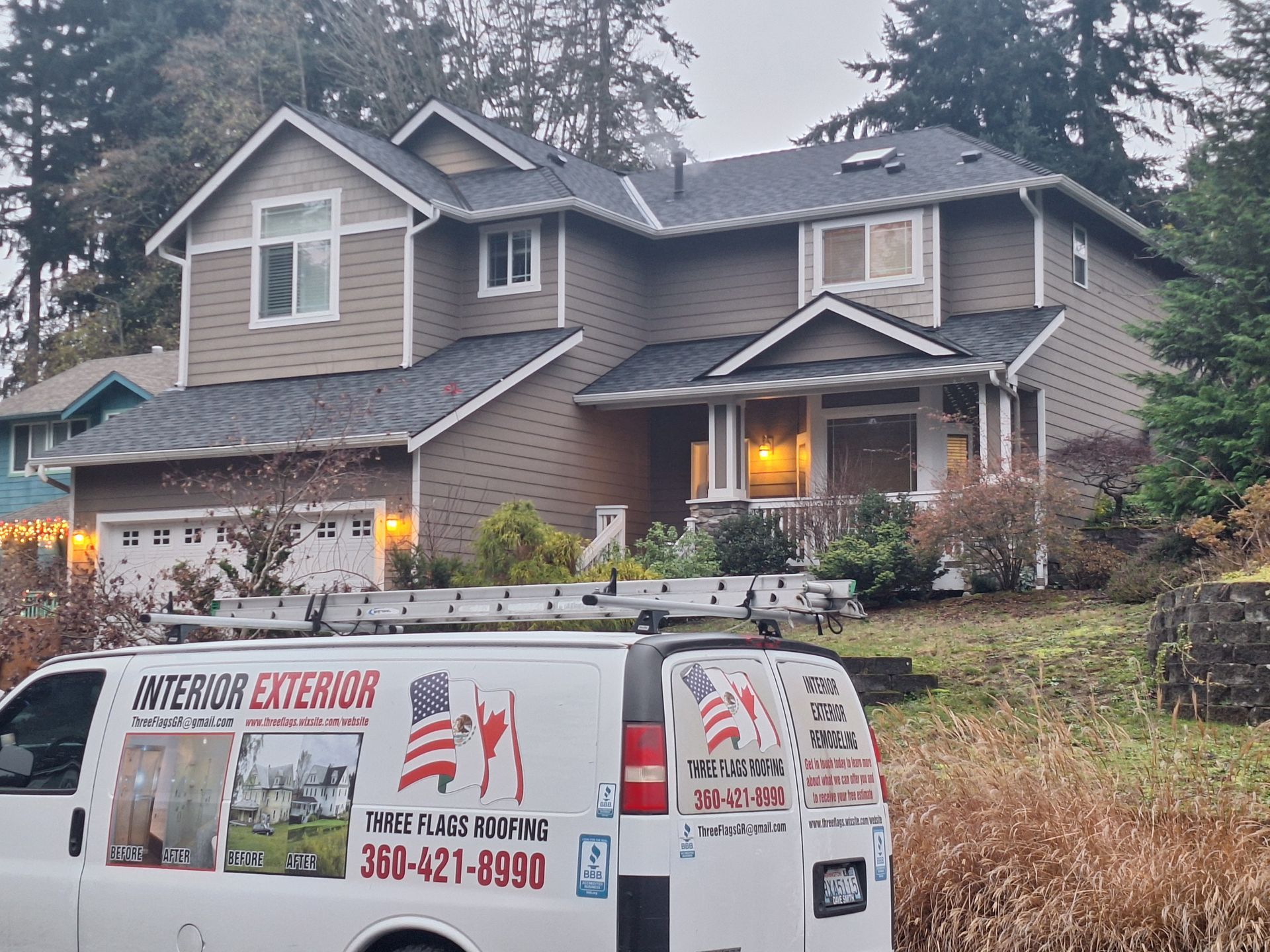 Custom cleaning service van parked in front of a lit suburban house at dusk