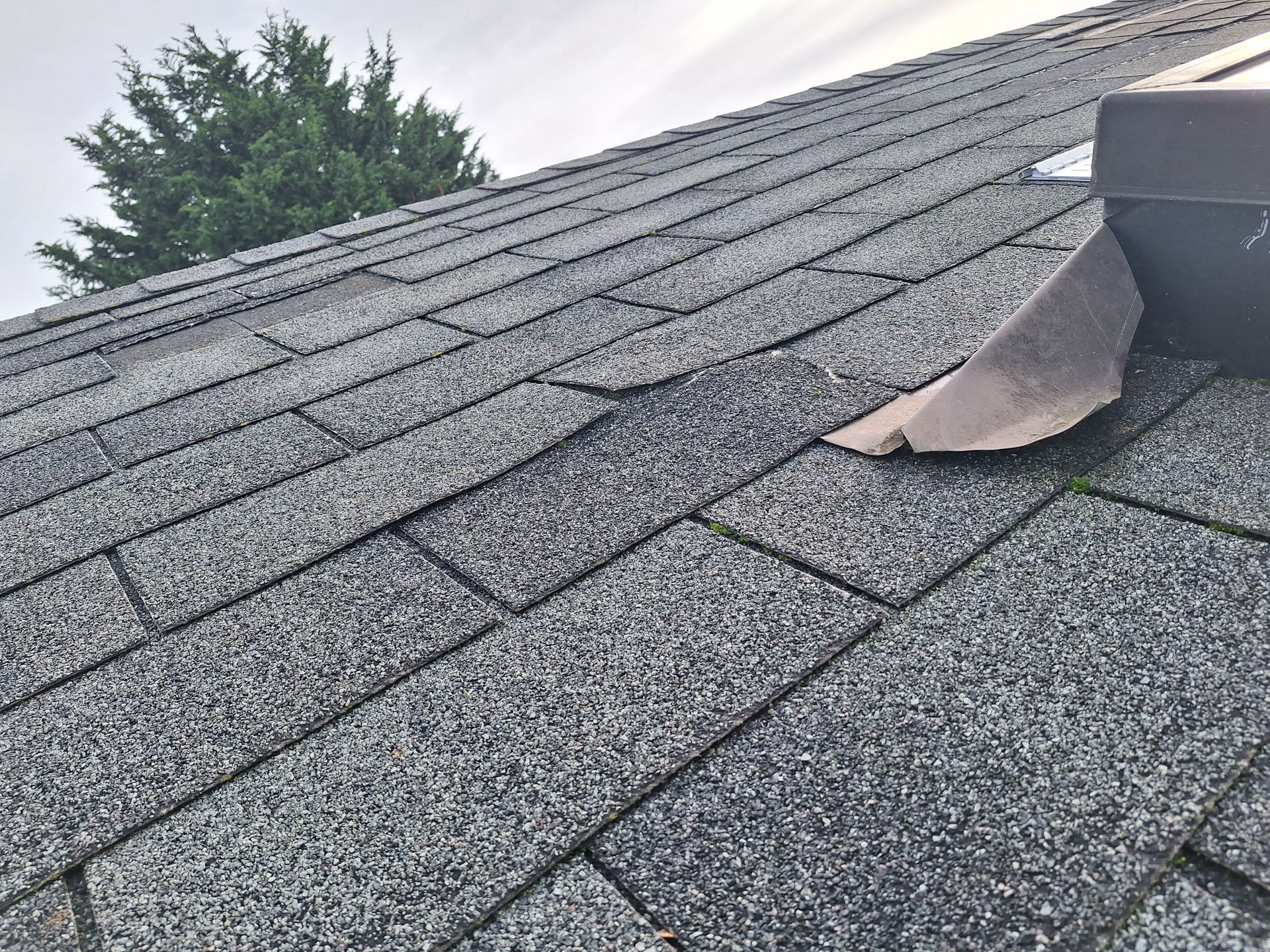 Damaged gray shingle roof with a torn vent flap near the ridge