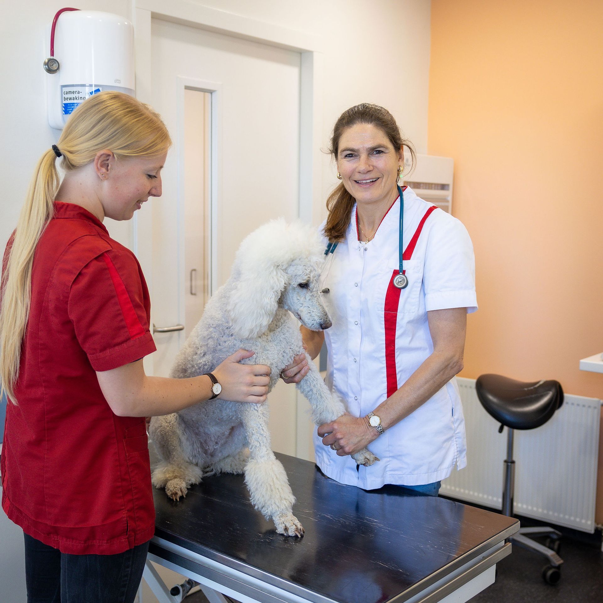 Een persoon in een rode jas praat met een arts in een dokterspraktijk.