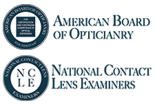 American Board of Optometry and National Contact Lens Examiners logos with blue seals on white background