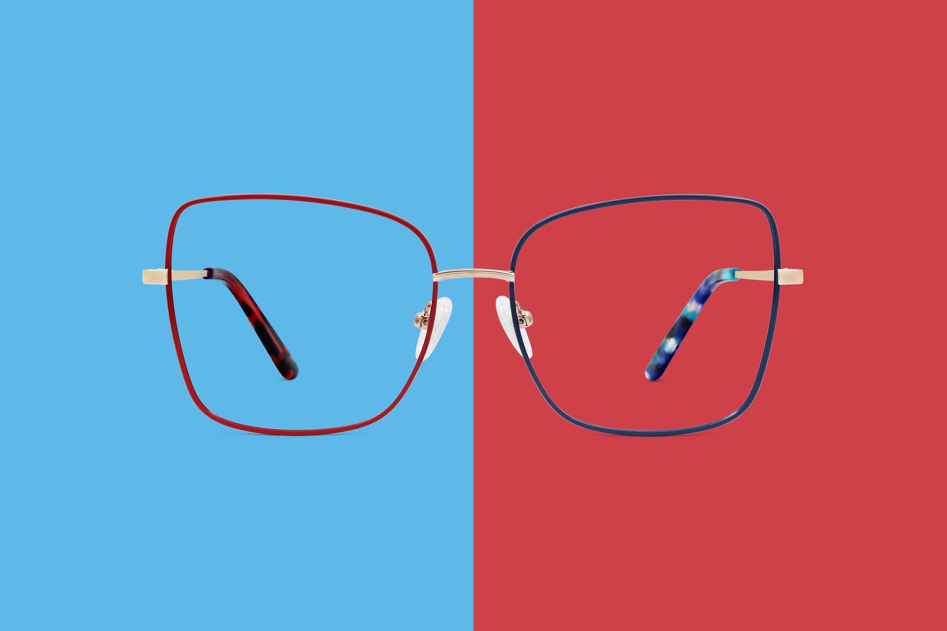 Two eyeglasses on blue and red split background, each lens outlined in red and black.