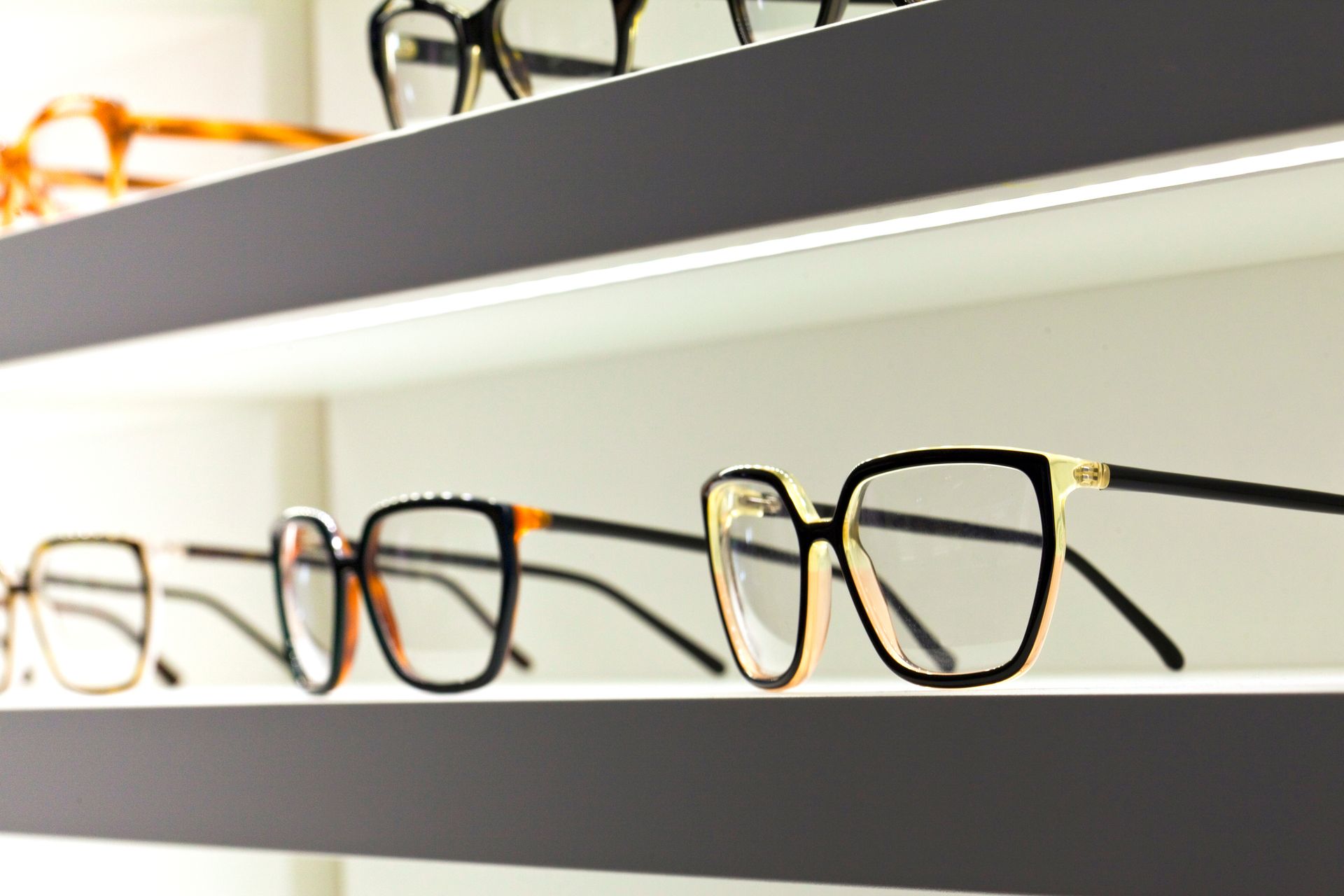 Eyeglasses displayed on lit shelves in a store showroom