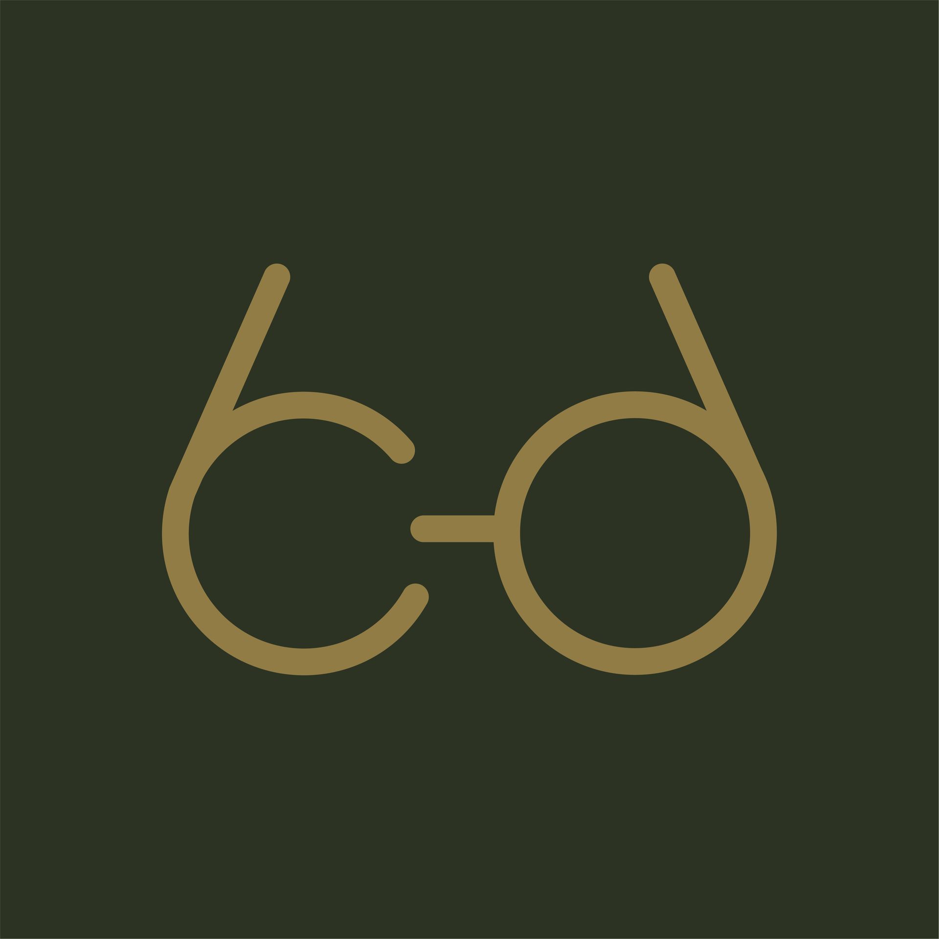 Stylized gold eyeglasses icon on a dark green background