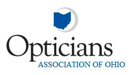 Opticians Association of Ohio logo with a blue Ohio emblem above black and blue text