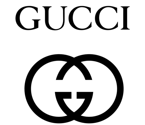 GUCCI logo with black interlocking Gs on a white background