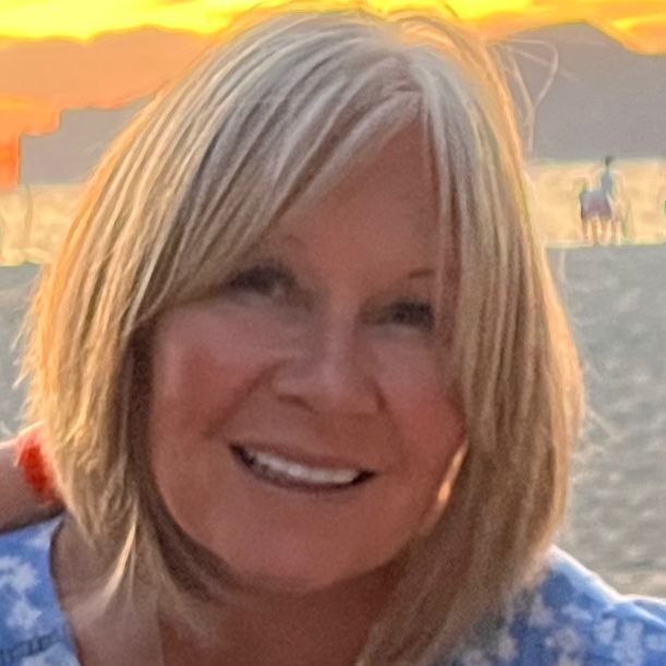 A close up of a woman 's face with a sunset in the background.