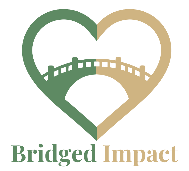 Heart-shaped logo with a bridge; half green, half tan. 