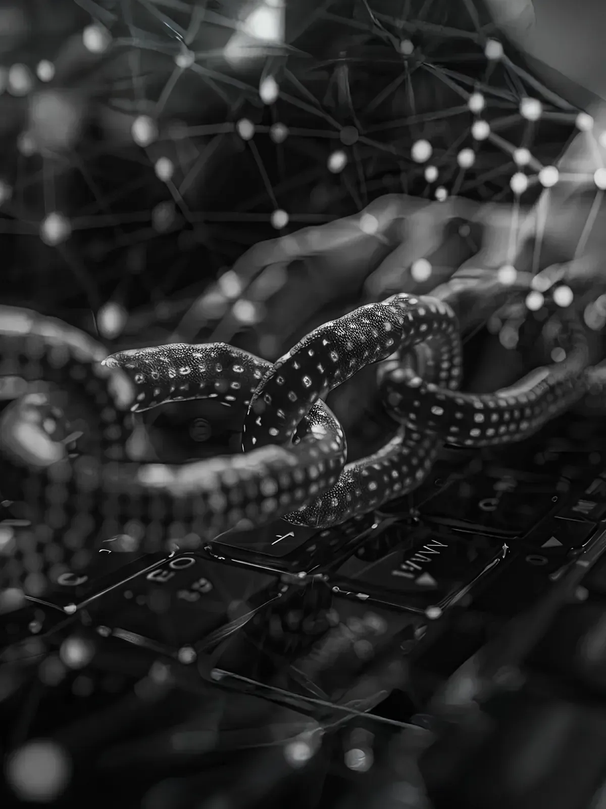 Digital chain over a keyboard with network nodes, symbolizing blockchain and Web3 security.
