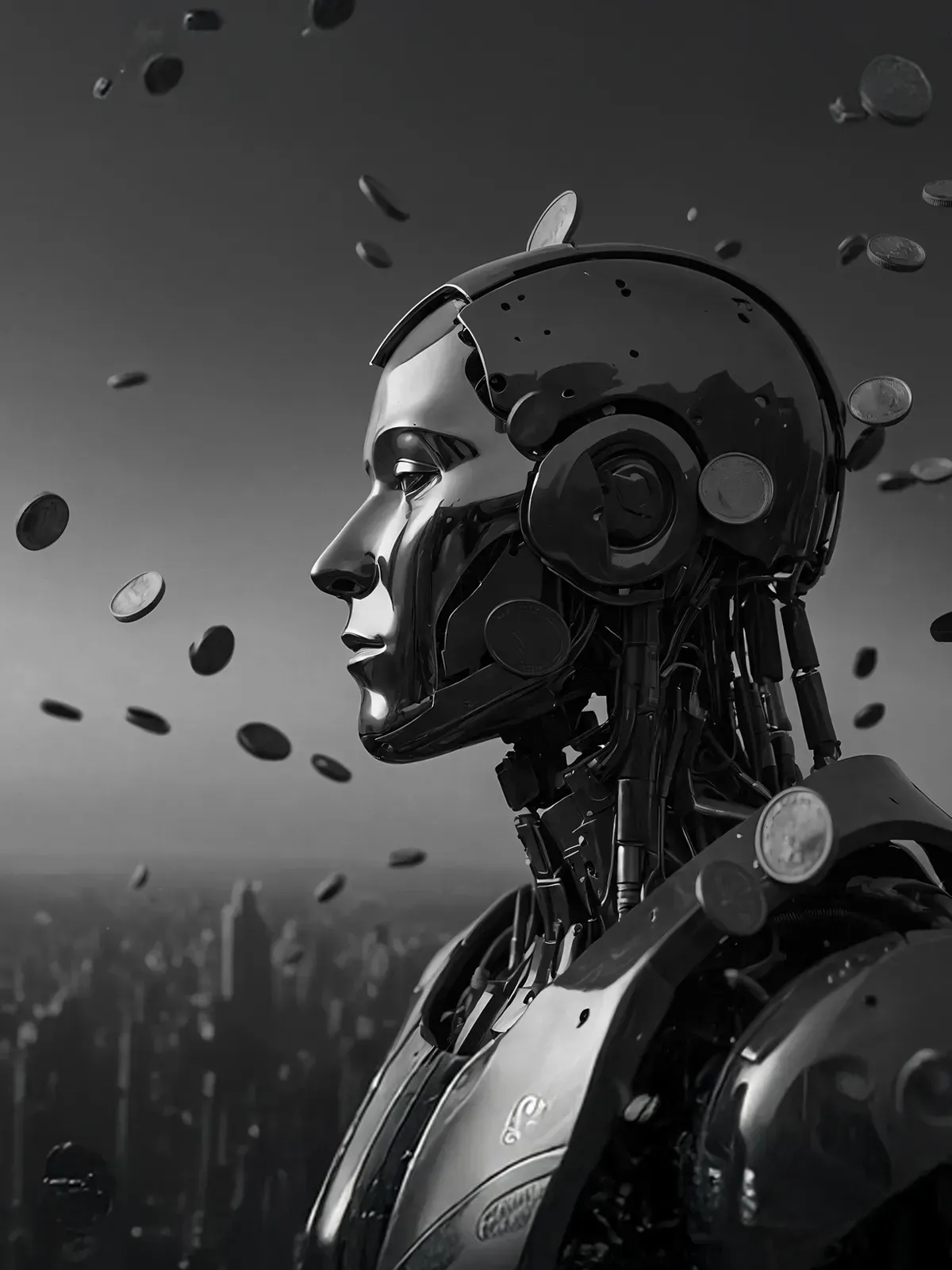 Futuristic robot avatar with coins floating around, symbolizing Web3 economy and innovation.