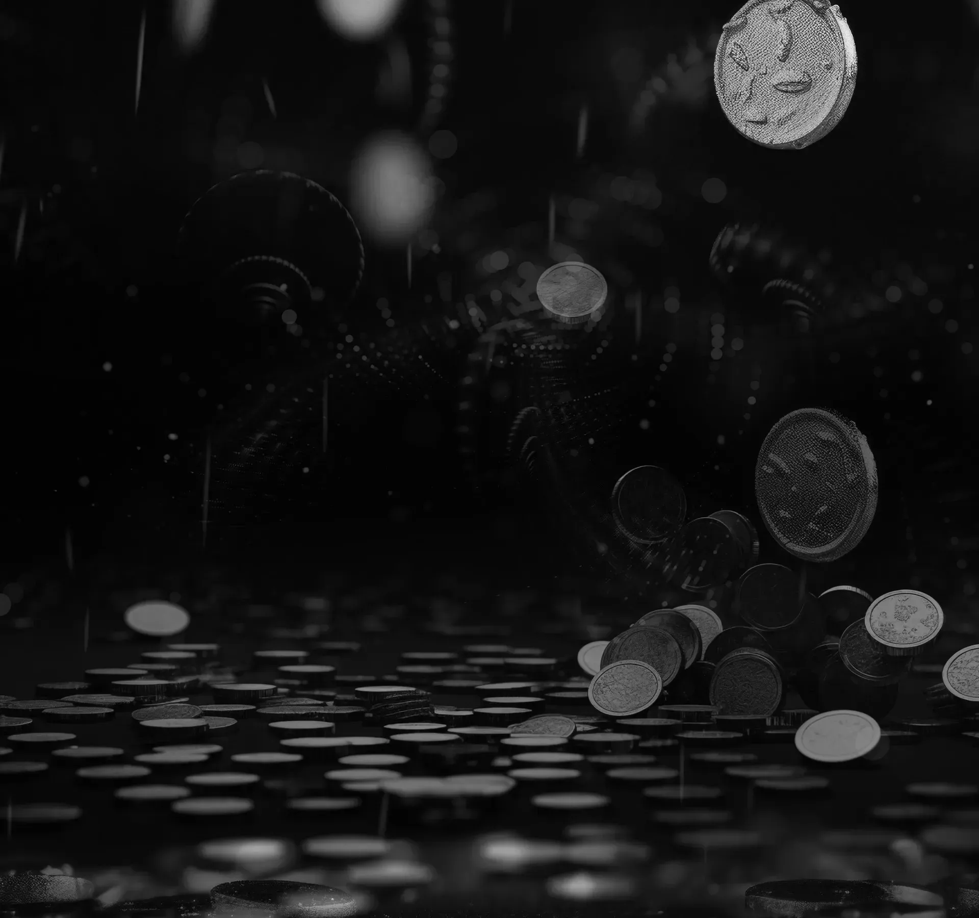 Digital coins falling and piling up, symbolizing Web3 bounties and developer rewards.