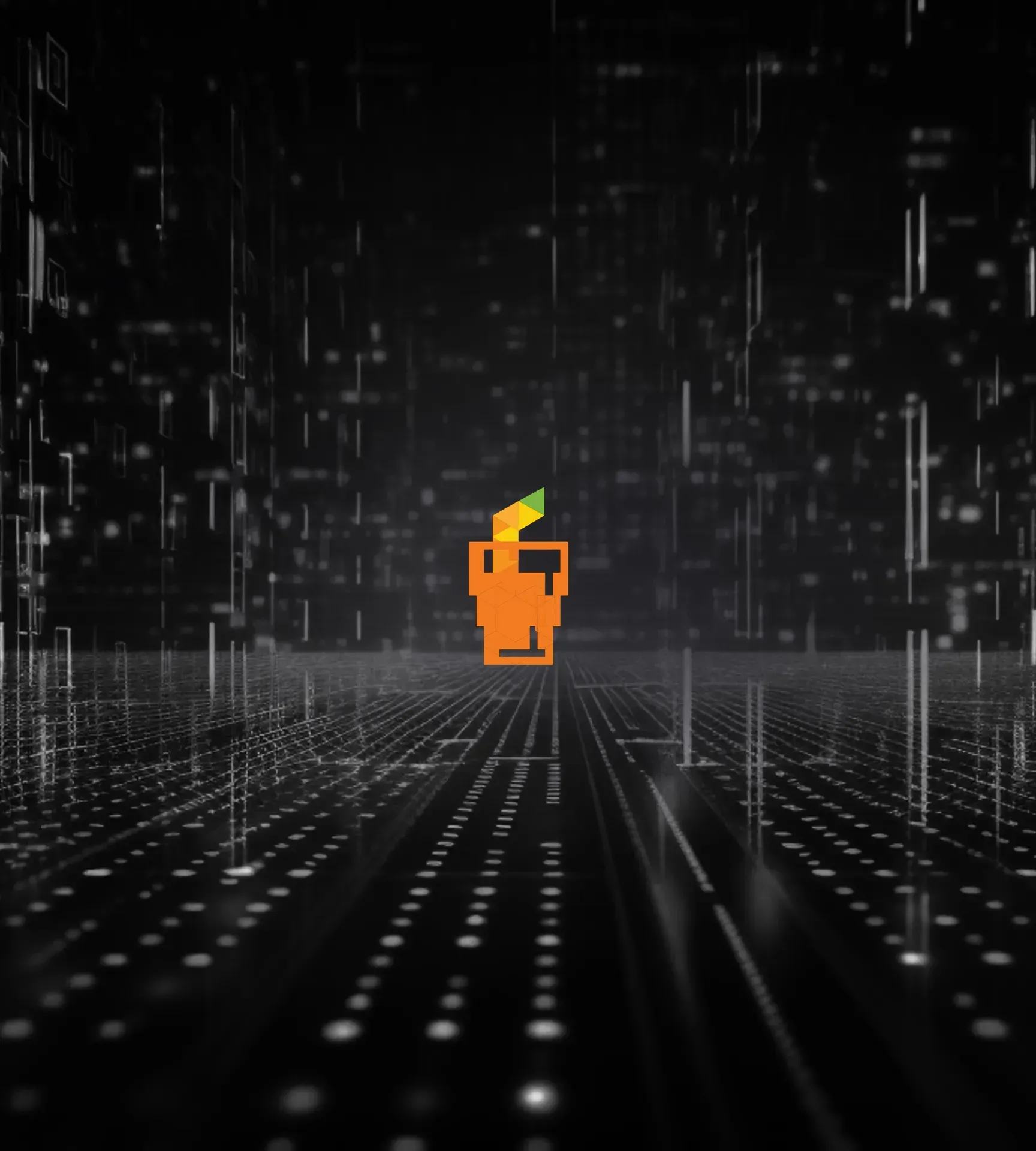 Juice Token figure in a digital matrix, symbolizing discovery in Orange Web3.