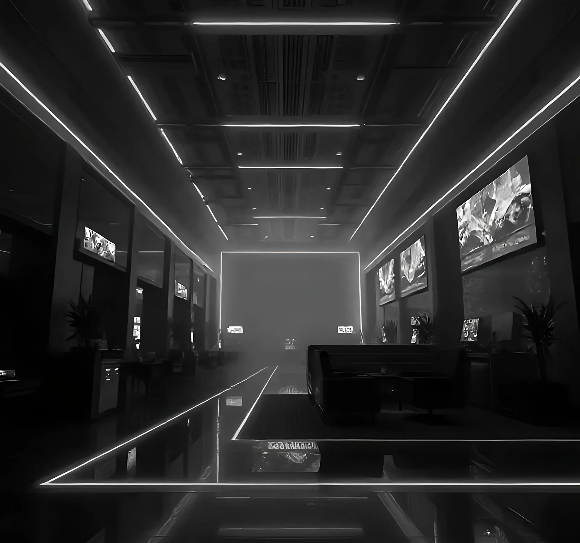Futuristic developer hub lounge with neon lighting and large display screens showing event visuals.