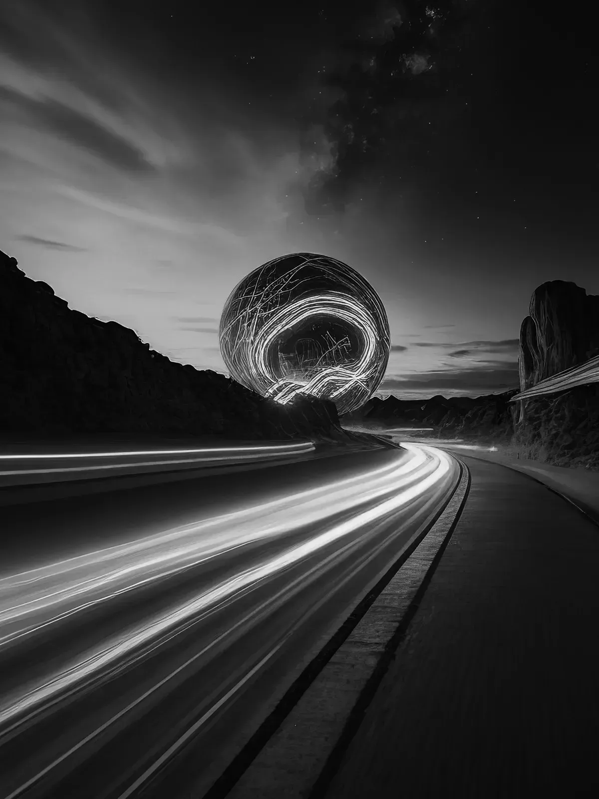 Glowing orb at the end of a light trail road, symbolizing the journey into Web3 innovation.