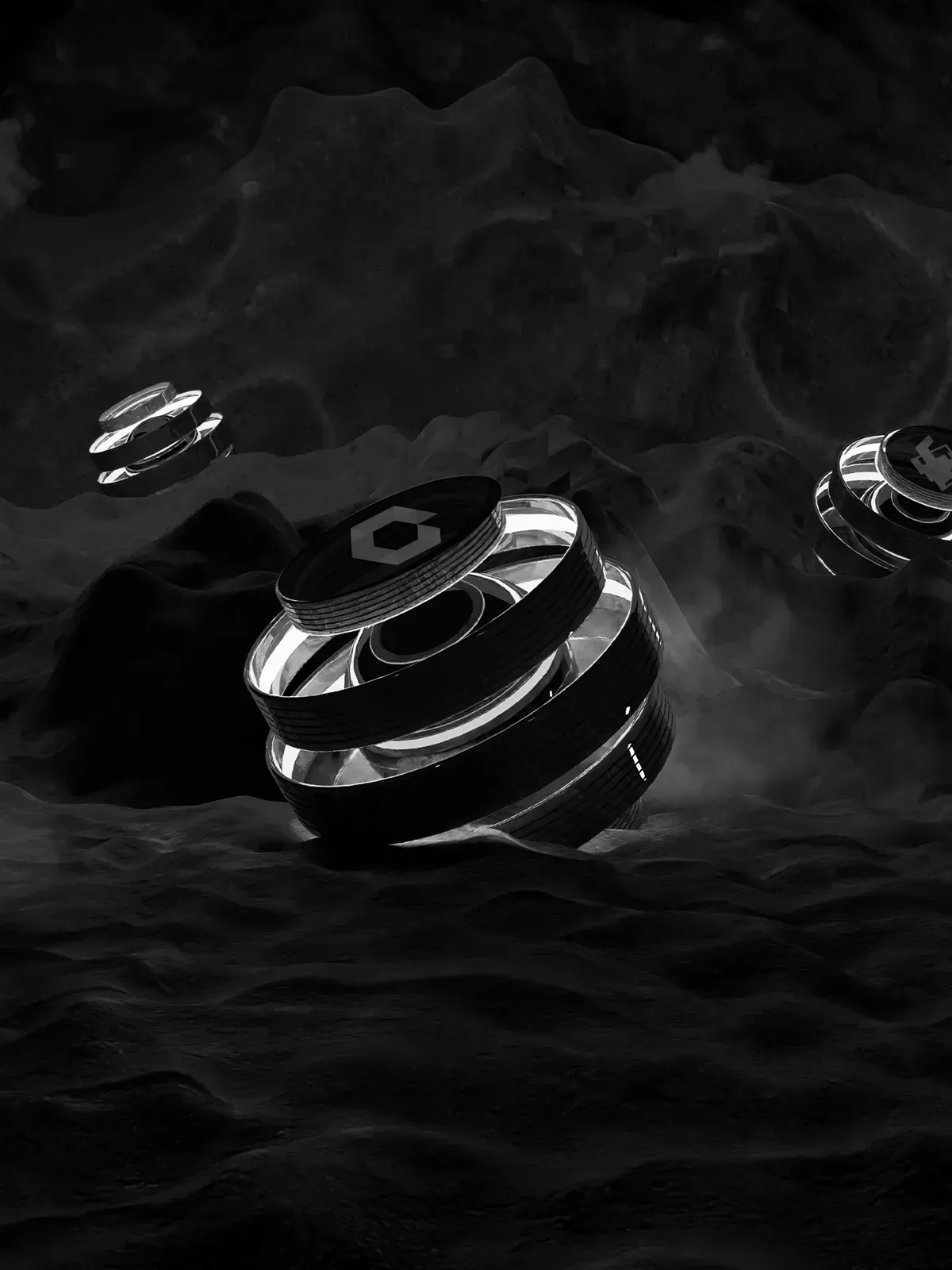 Futuristic crypto tokens embedded in a rugged digital landscape, symbolizing Web3 foundations.