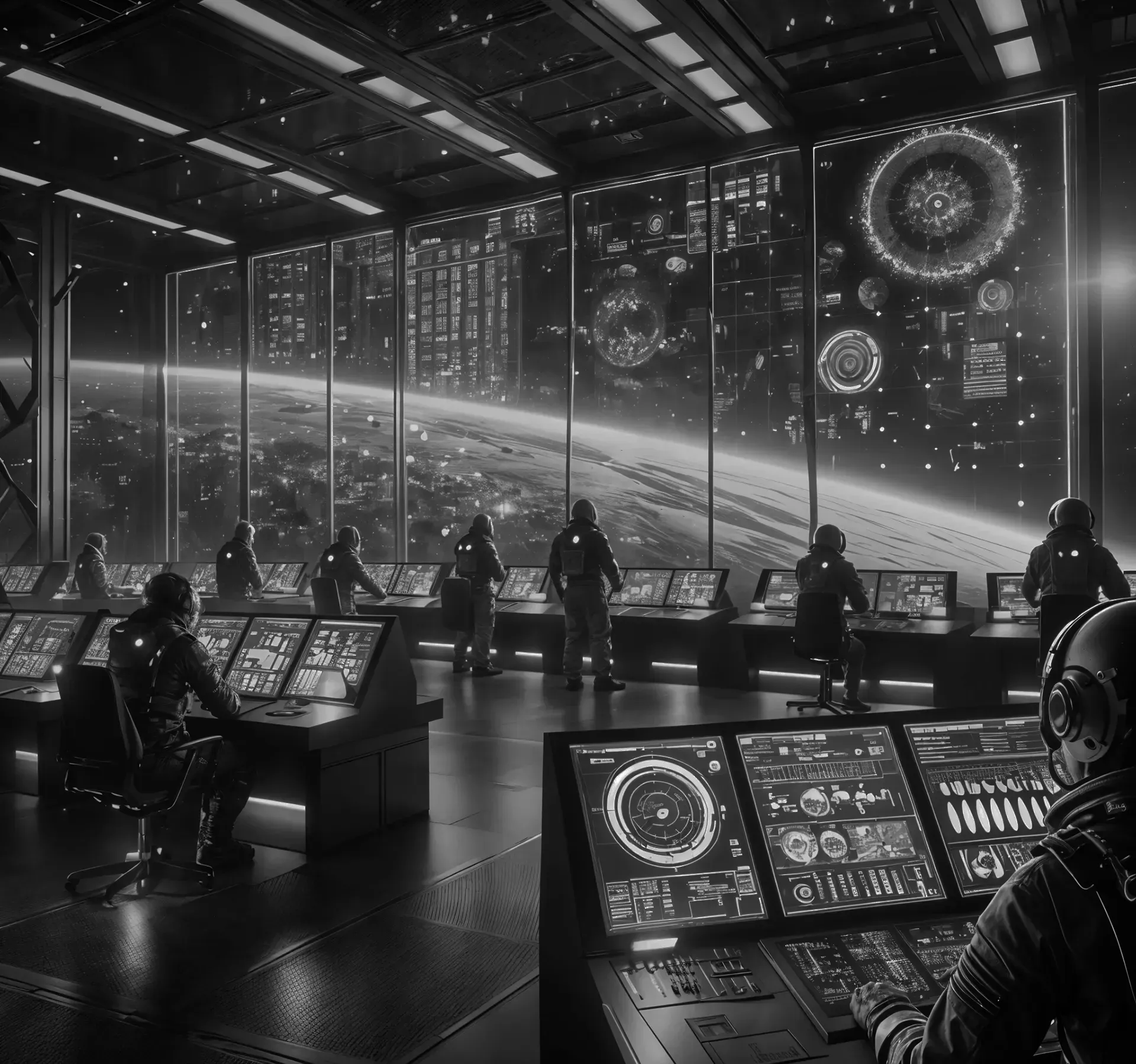 Futuristic control room with creators at digital stations, symbolizing Orange Web3 marketplace.