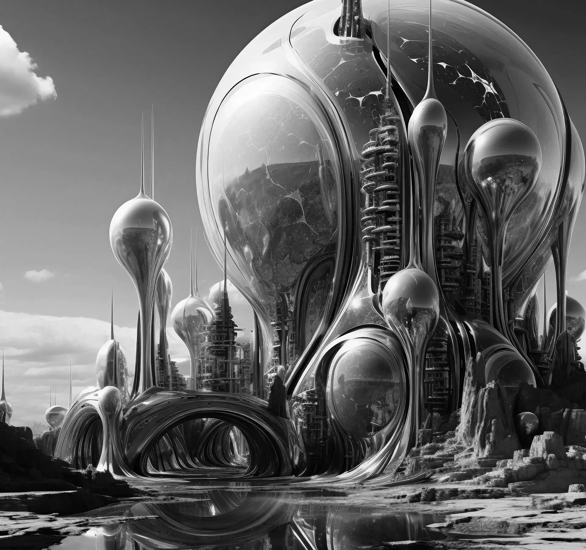 Futuristic game-like city with surreal structures, symbolizing Orange Web3 Telegram Game Bot.