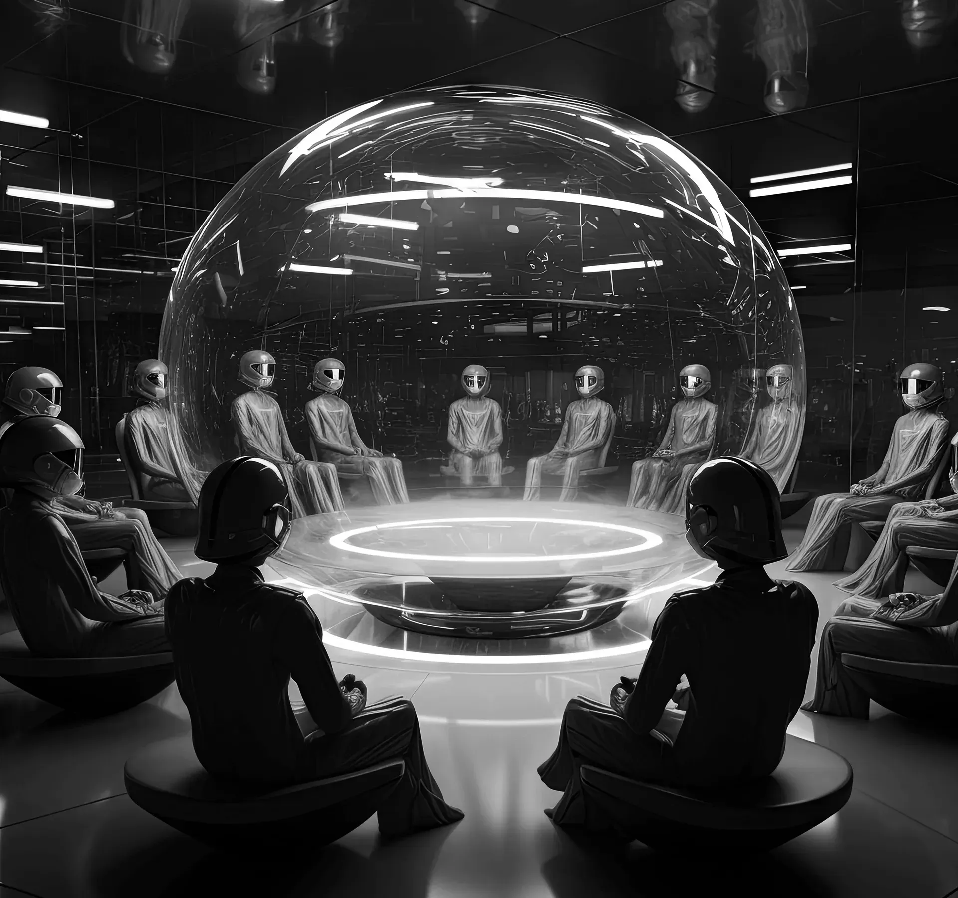 Futuristic council around a glowing orb, symbolizing collaboration for launching tokens on Web3.