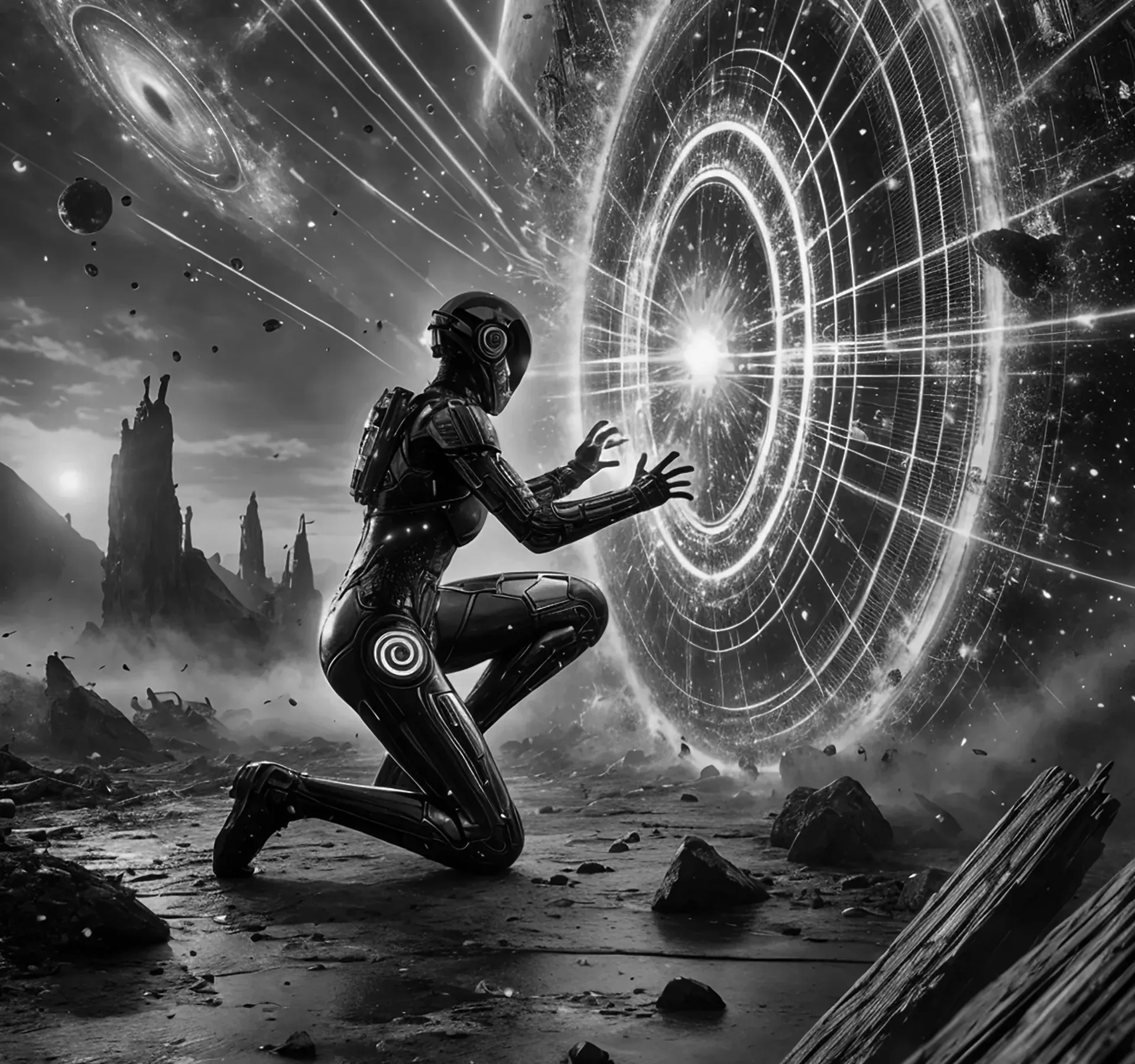 Futuristic figure activating a glowing portal, symbolizing world-building tools on Orange Web3.