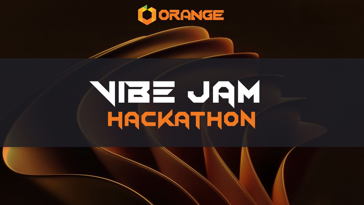 Orange Web3 Vibe Jam Hackathon banner with bold futuristic text and abstract background.