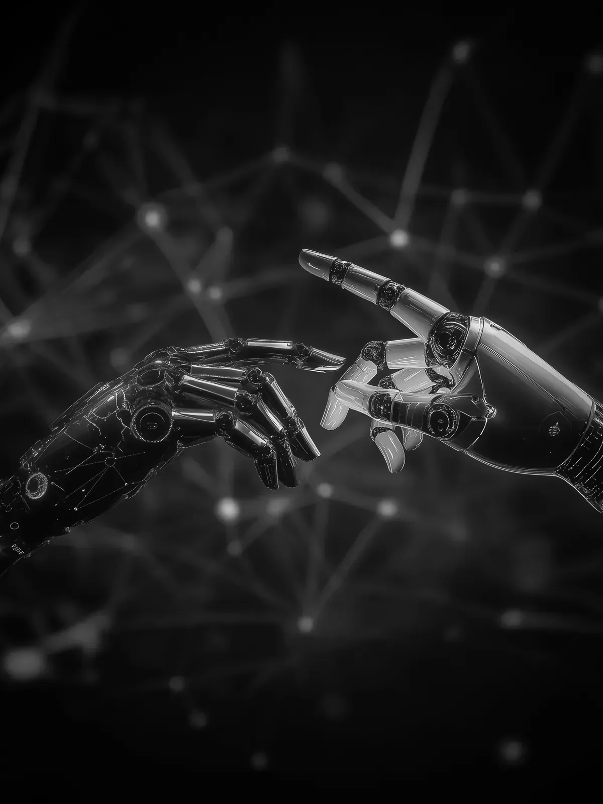 Two virtual robotic hands reaching out to connect, symbolizing collaboration in Web3 technology.