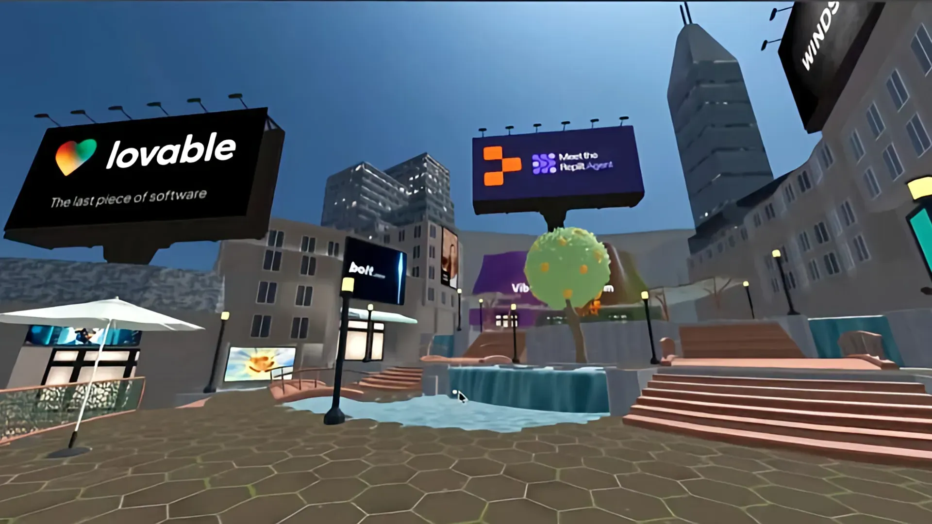 Virtual city plaza with digital billboards, steps, and a fountain under a clear sky.