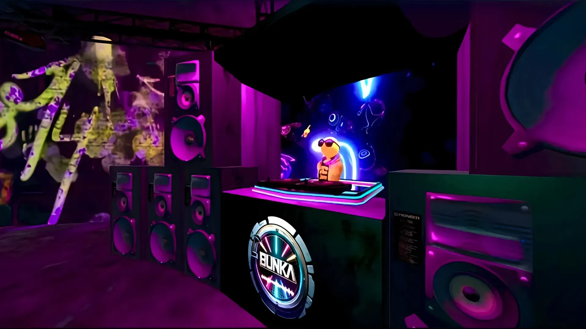 Virtual DJ booth with neon lights and speakers in a vibrant digital nightclub scene.