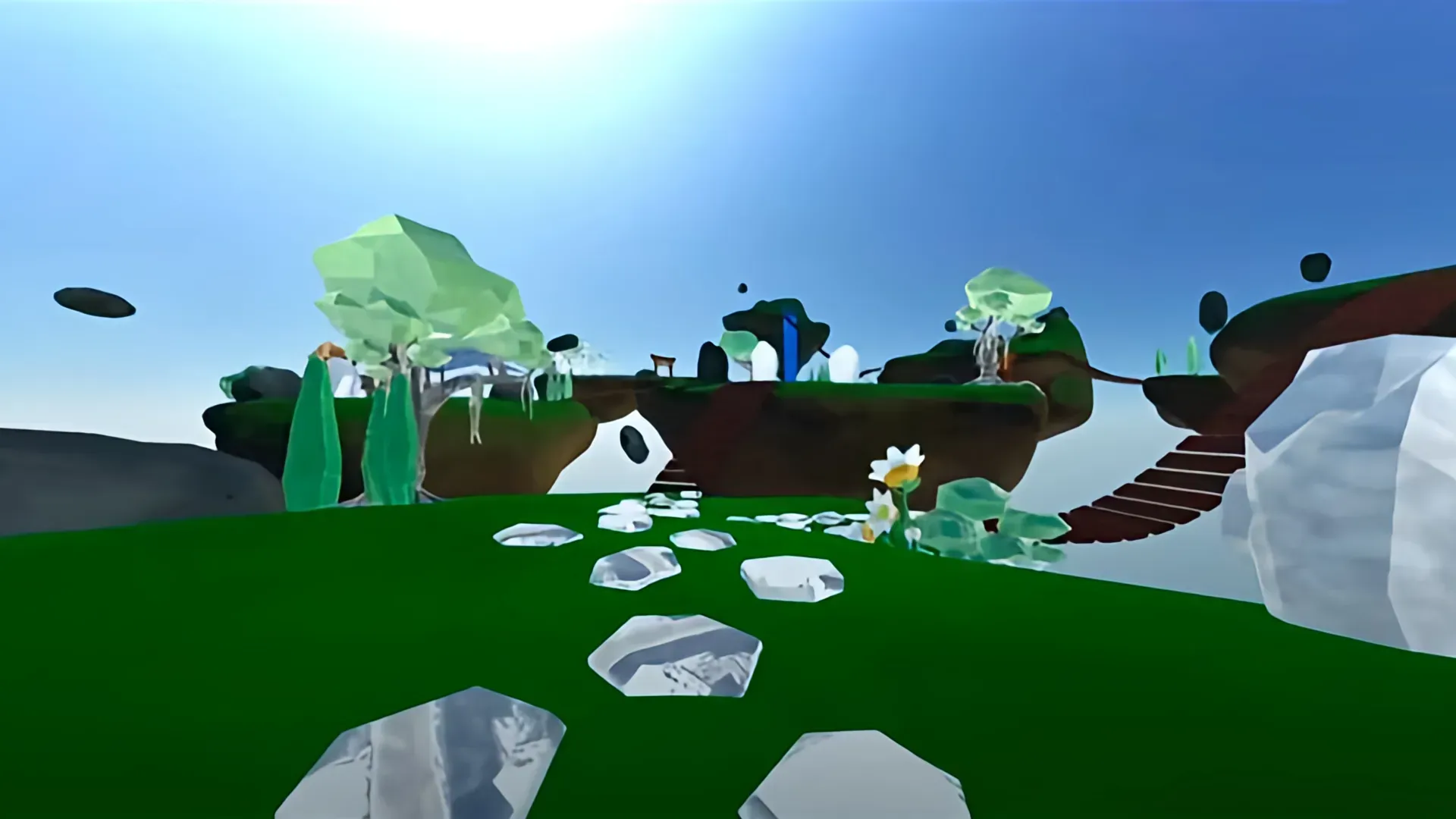 Floating island with crystal trees and stone path in a virtual fantasy world.