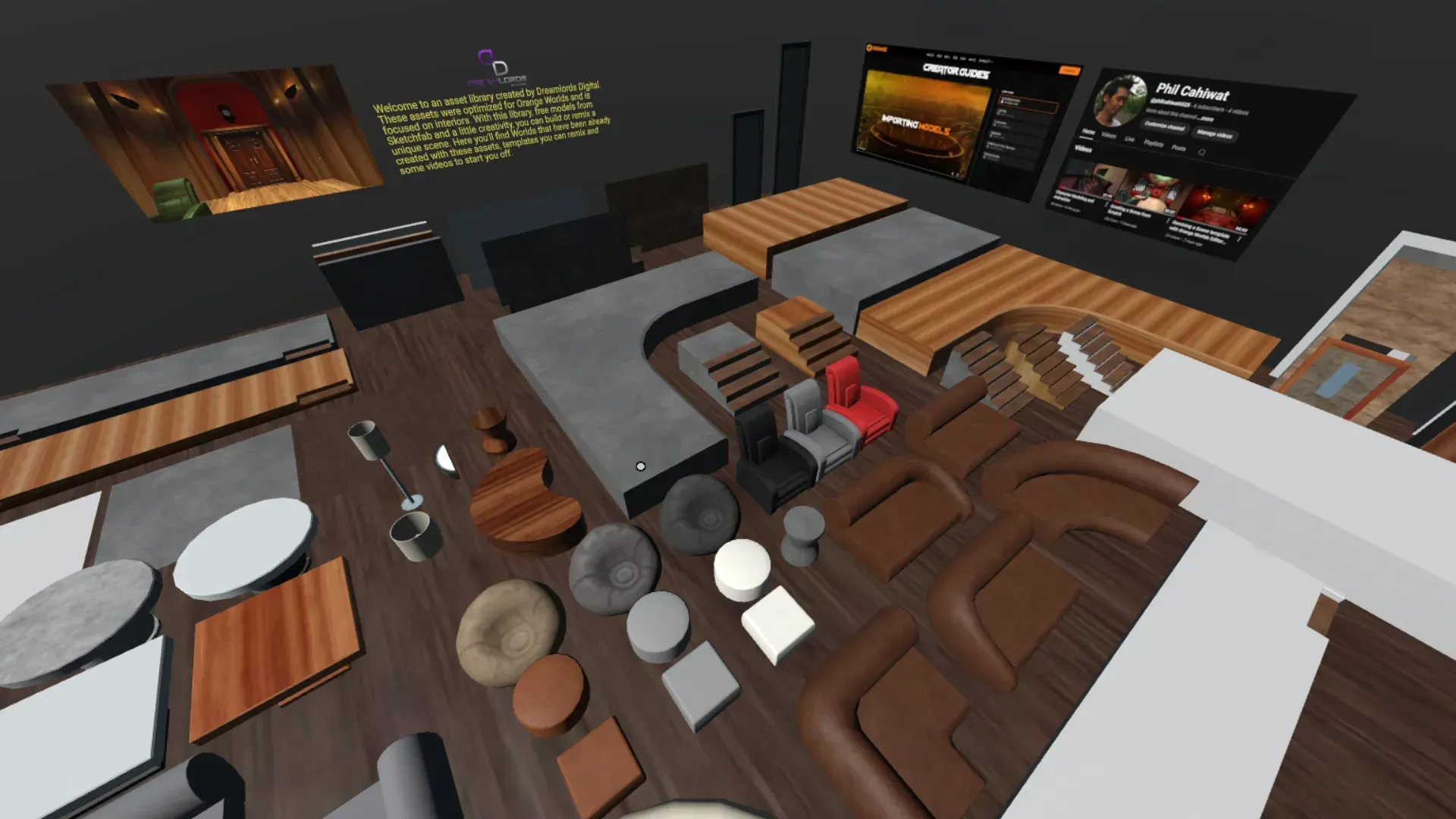 Virtual asset library with 3D furniture, modular parts, and design guides on display.