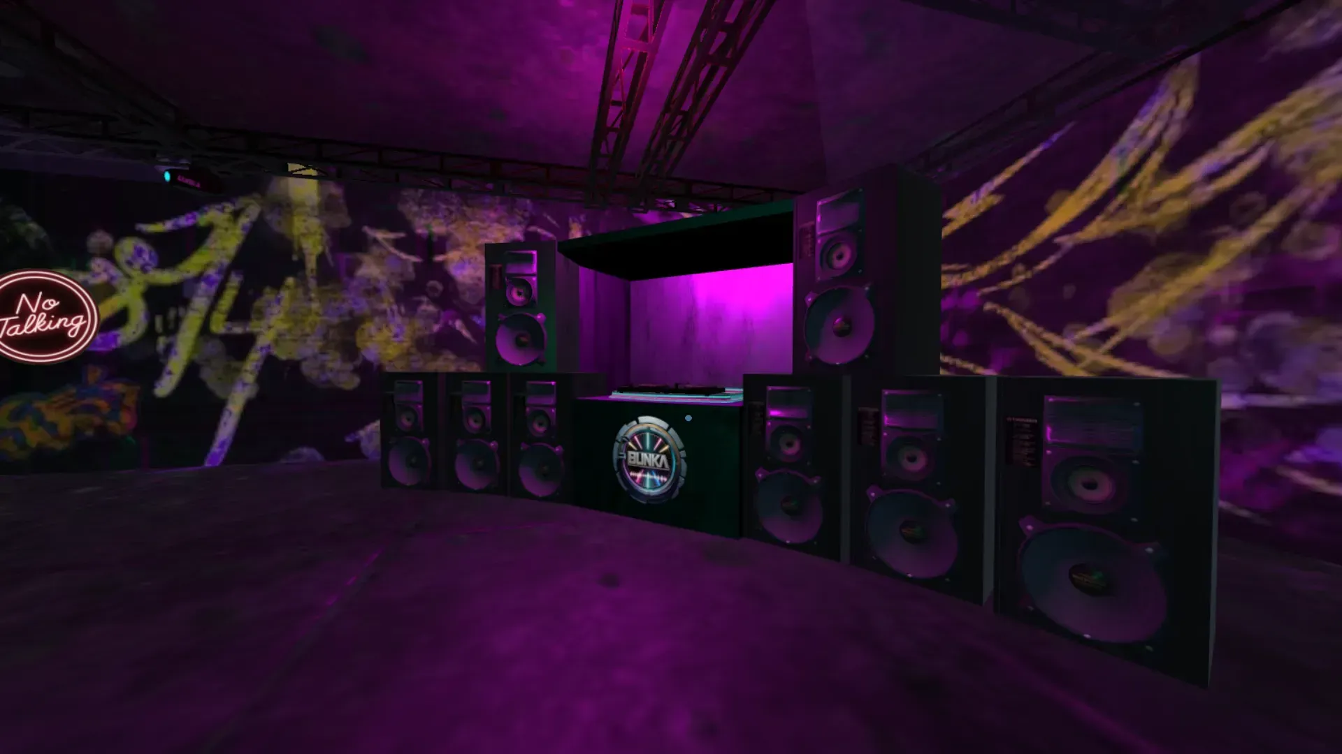 DJ booth setup with stacked speakers in a neon-lit purple Bunka-themed virtual club.