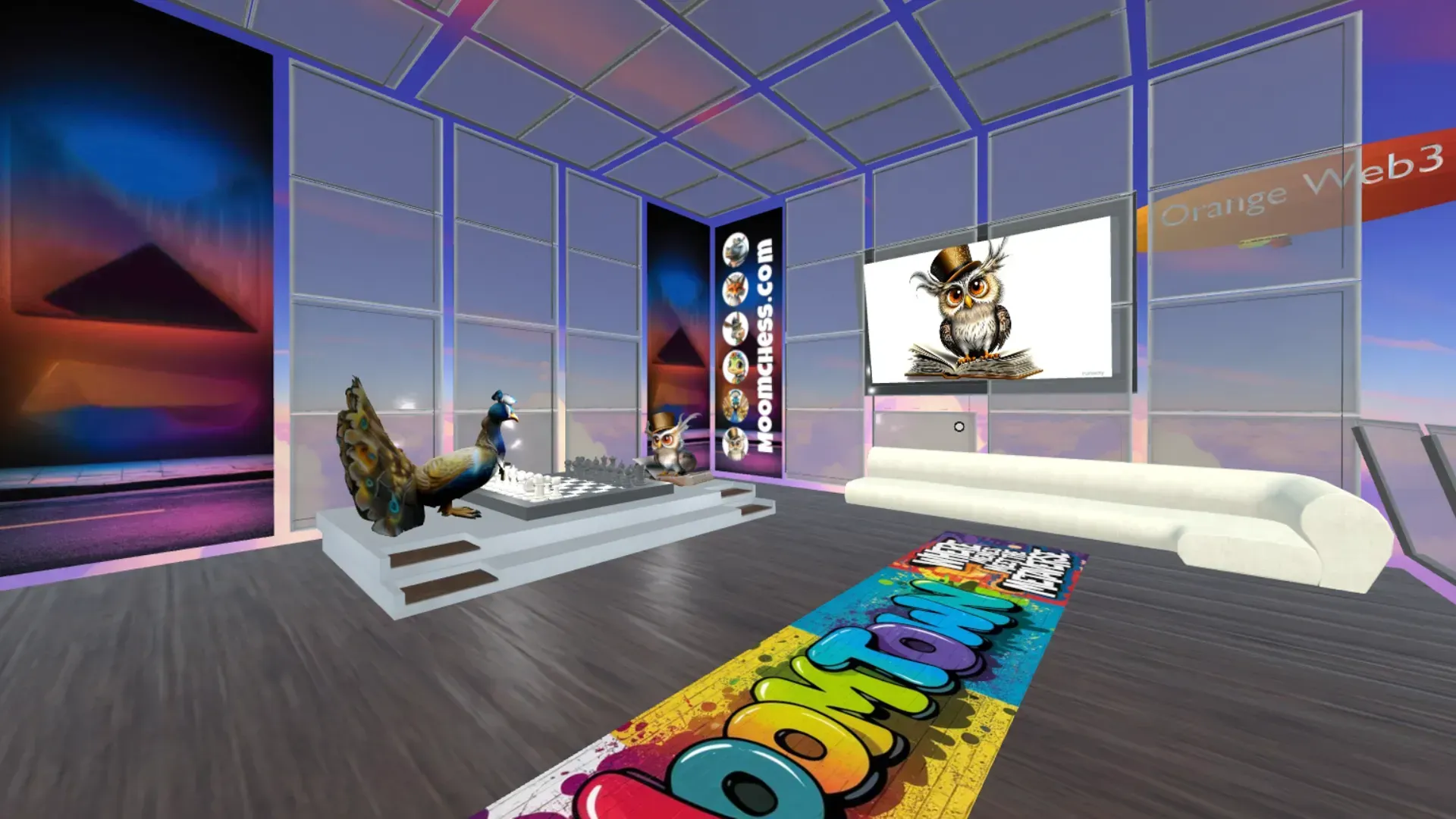 Sky-view lobby with owl art, chess board, peacocks, and MoomChess branding.