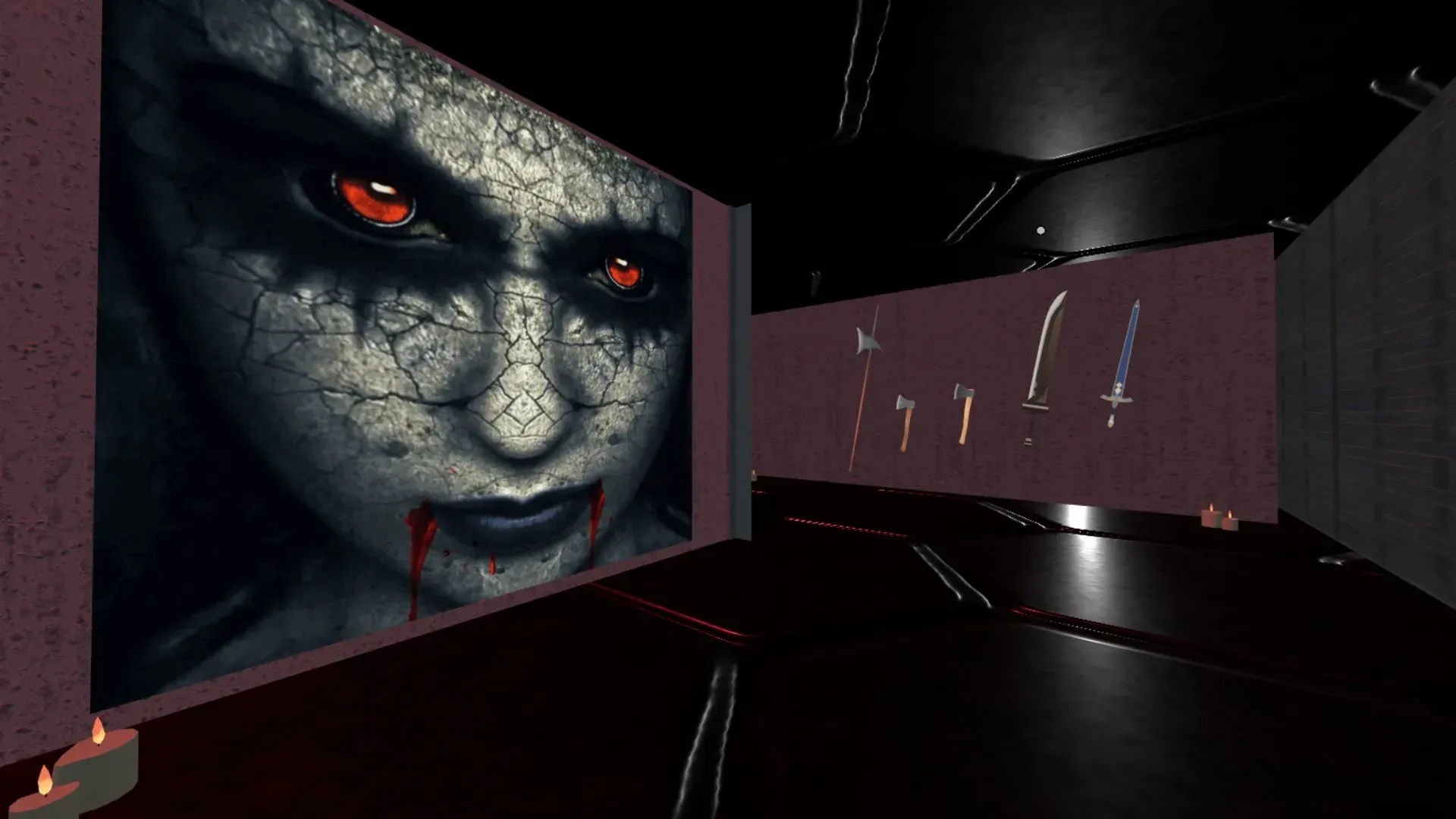 Dark fantasy room with vampire art, medieval weapons on wall, and glowing candles.