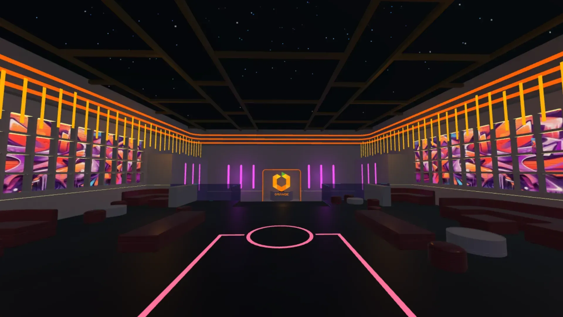 A vibrant virtual club space with neon lighting, digital art walls, and a futuristic design.
