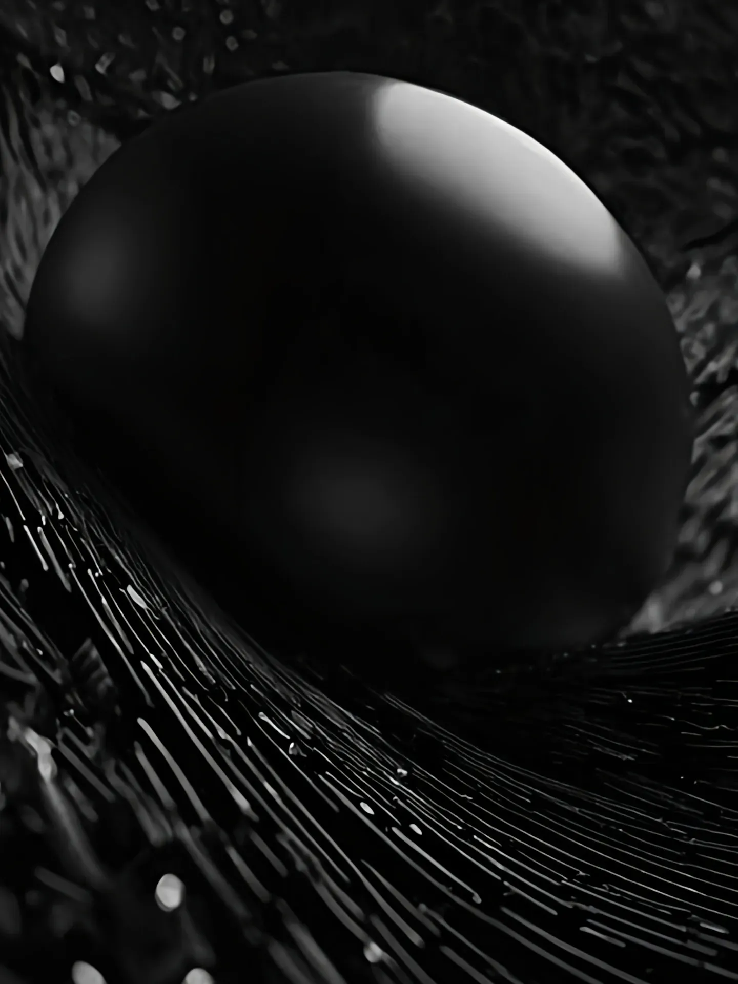Smooth black sphere resting on textured surface symbolizing abstract layers of context