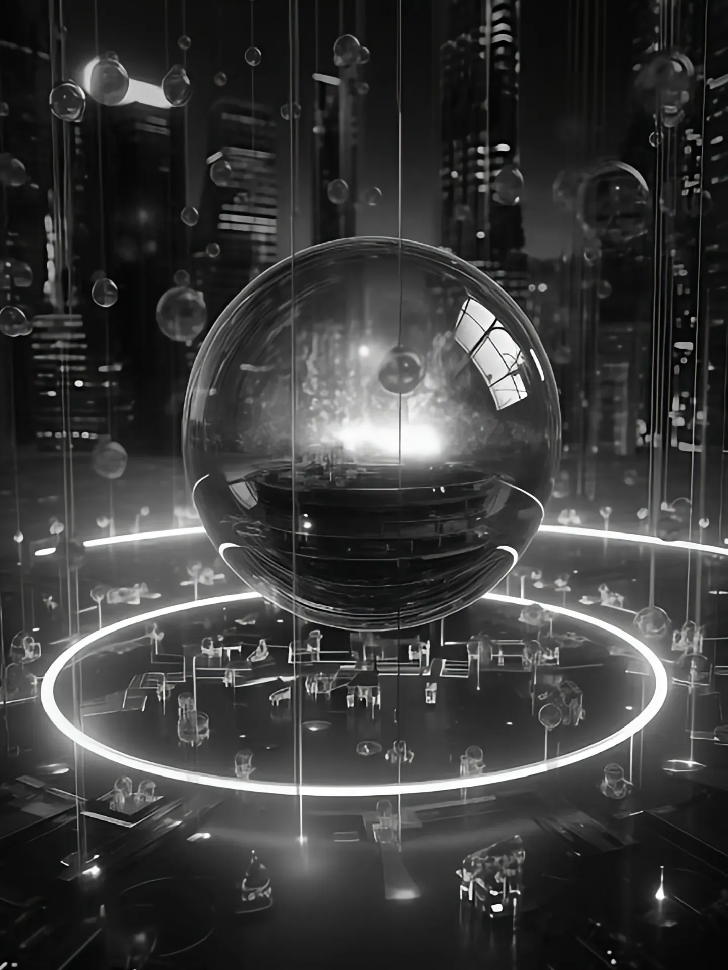 Futuristic glass sphere floating in digital cityscape illustrating contextual data flow