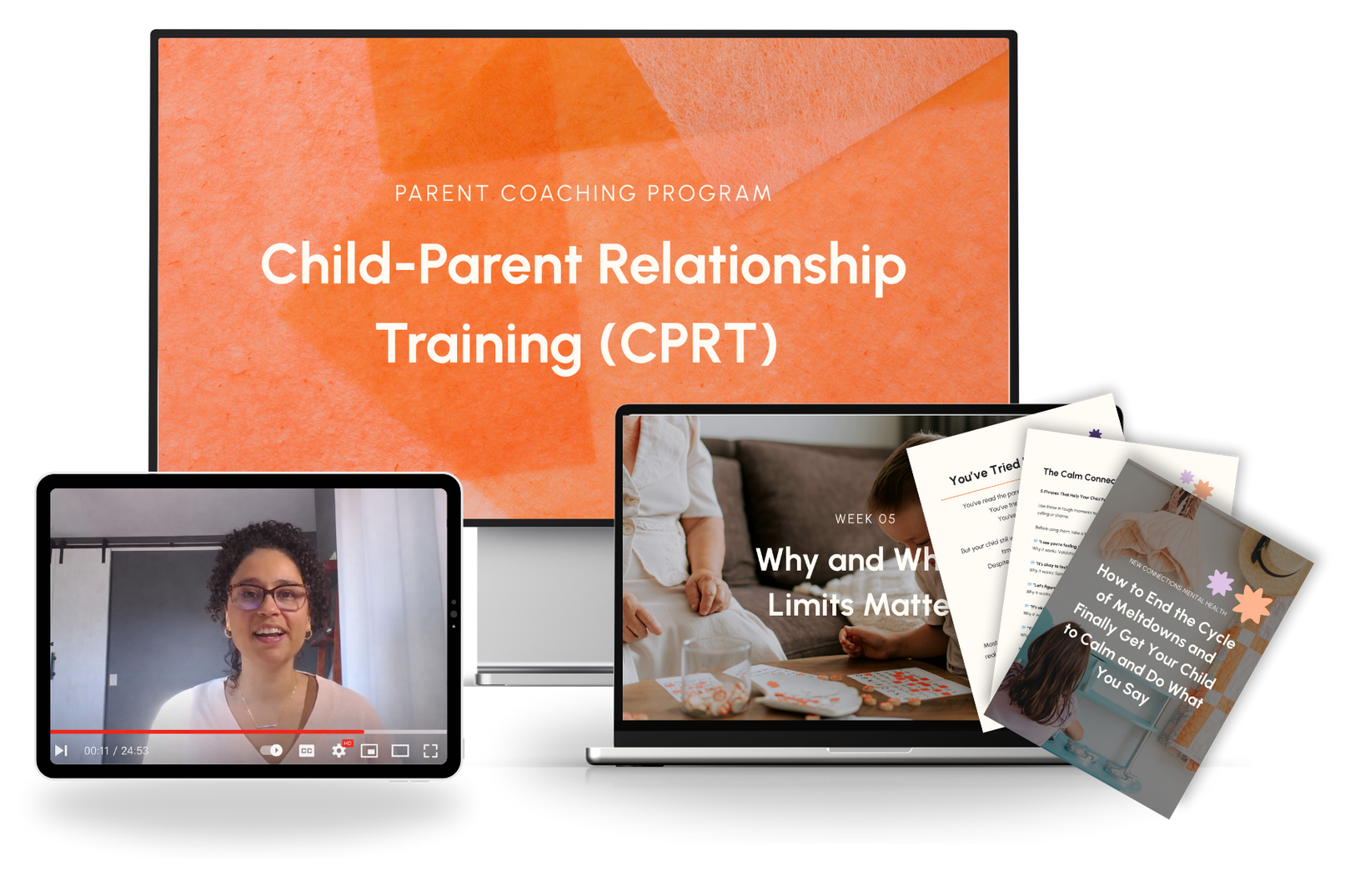 Child-Parent Relationship Training (CPRT) slide with laptop video call and printed training materials