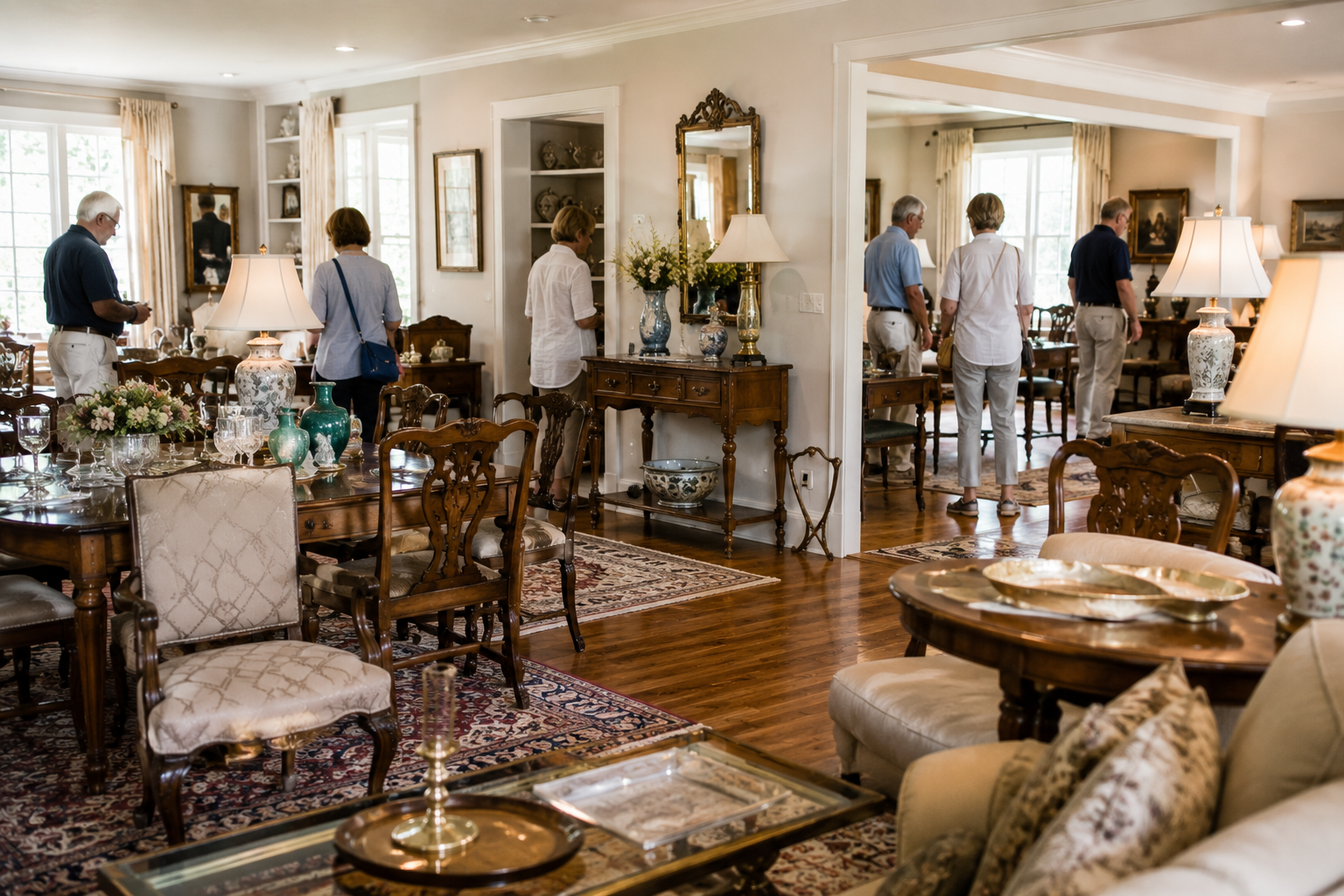 Elegant living room with ornate furniture, rugs, mirrors, and several people standing and chatting