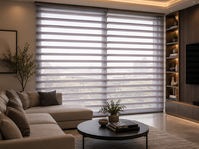 Sala de estar moderna con sofá gris, mesa de centro redonda y persianas translúcidas en luz tenue.