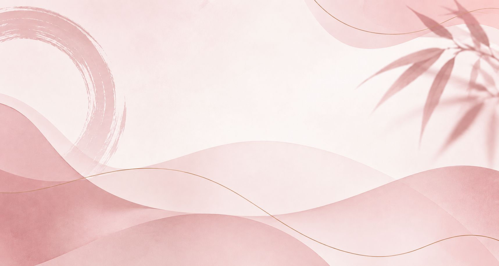Sfondo floreale astratto rosa tenue con onde sinuose e delicate foglie di bambù agli angoli.